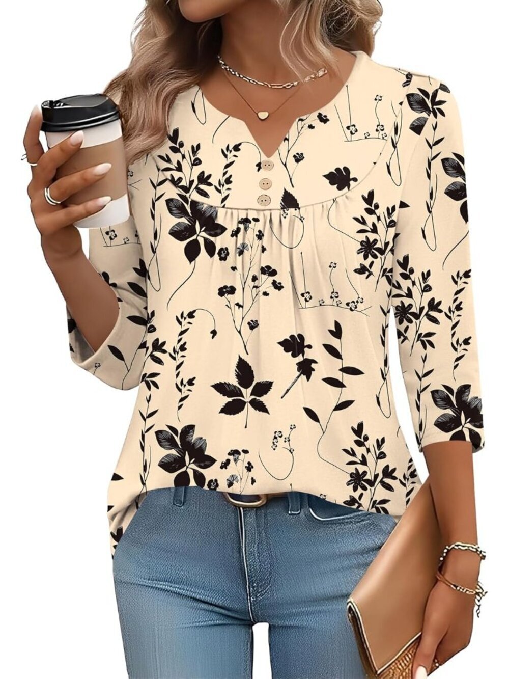 Women's Apricot Black Long Sleeve V Neck Casual Henley Blouses Tops T Shirt - Picture 2 of 5